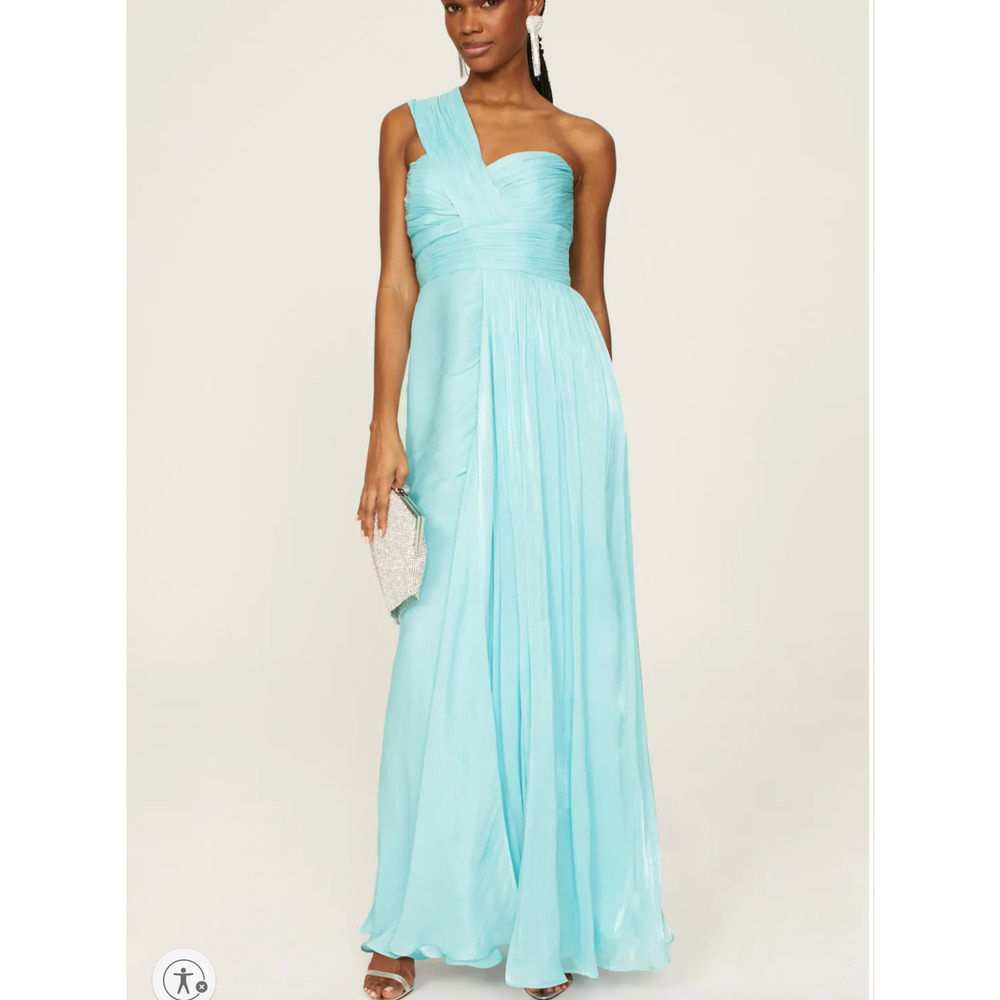 Badgley Mischka Blue Draped Gown Size 12 Grecian Formal Pleated Designer $880